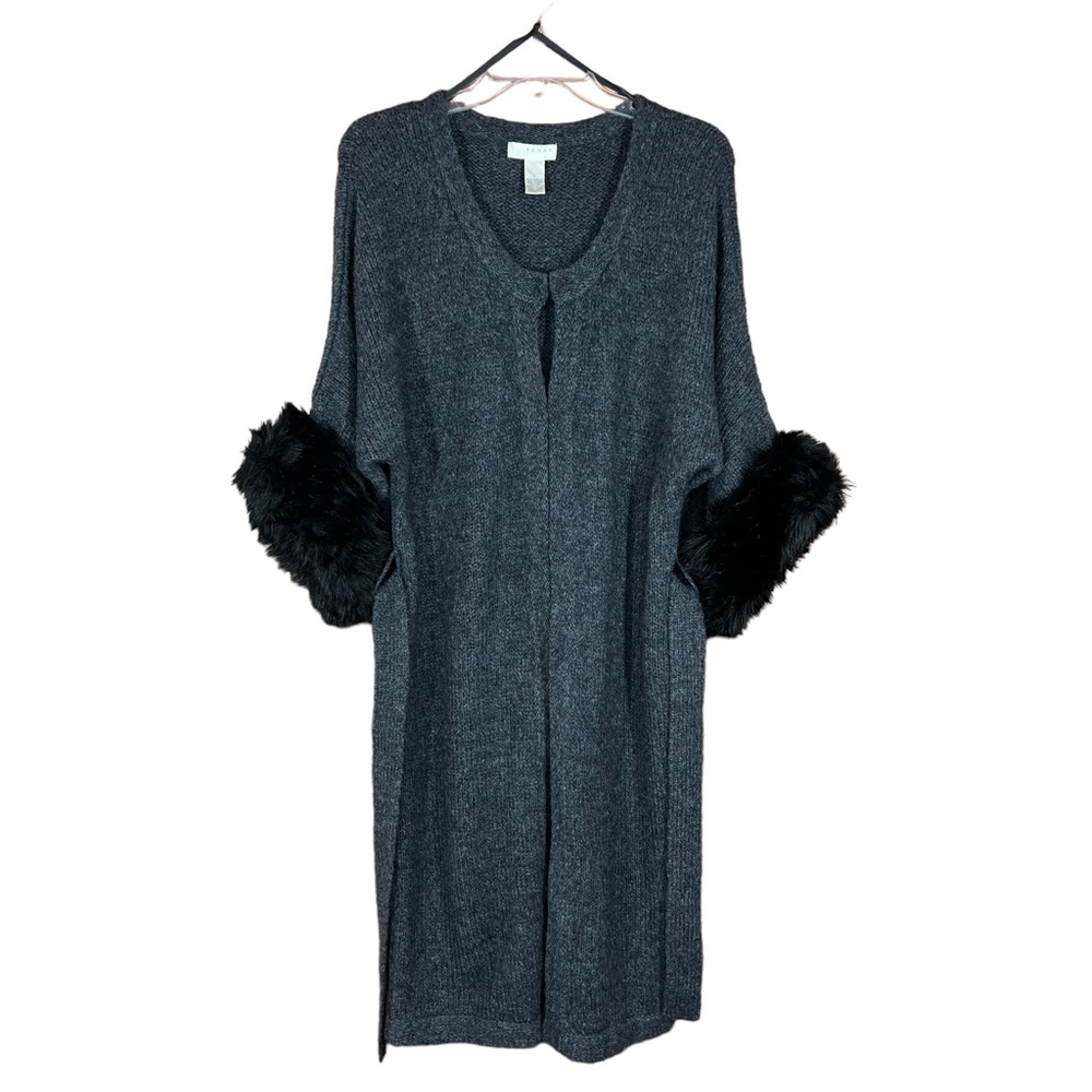 Kenar Gray Wool/Alpaca Blend Faux Fur Trim Long Line Tie Belt Sweater Women's L